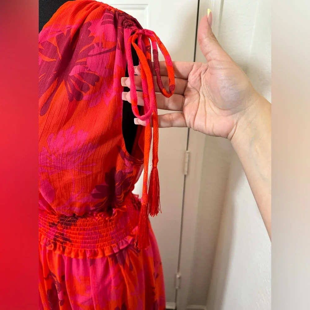 Red Pleated Tie Front Maxi Sundress - Picture 4 of 13